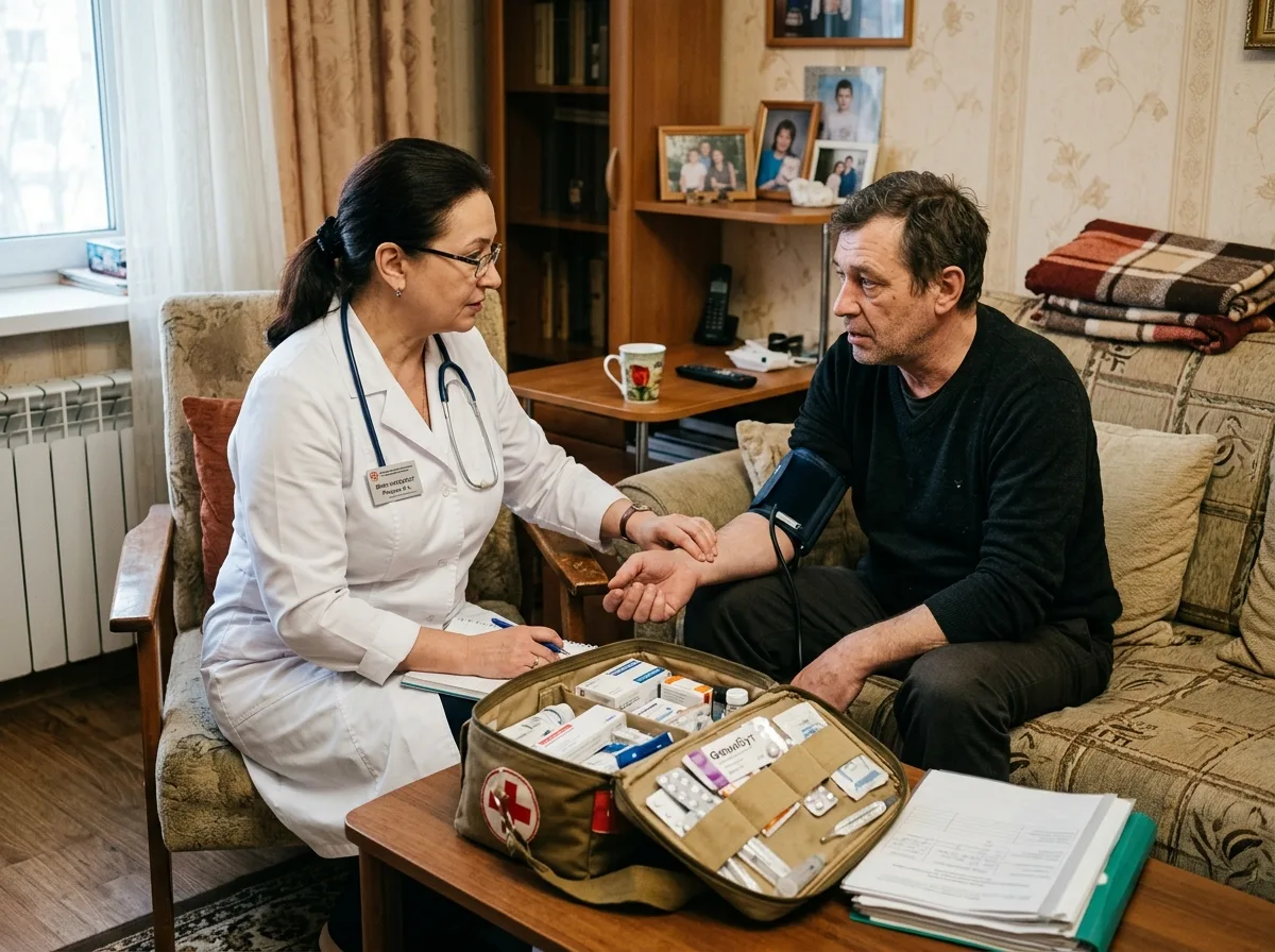 Врач-нарколог в белом халате осматривает пациента на дому, медицинская сумка с препаратами, домашняя обстановка, профессиональный выезд