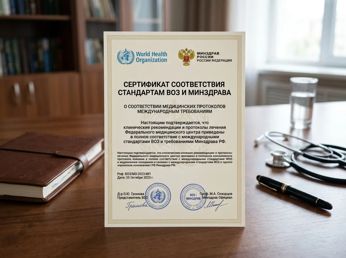 Сертификат соответствия стандартам ВОЗ и Минздрава, документ о соответствии медицинских протоколов международным требованиям