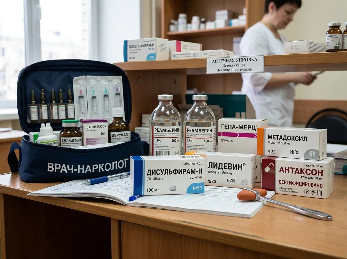 Упаковки сертифицированных медицинских препаратов для детоксикации и лечения алкогольной зависимости, аптечная укладка врача-нарколога