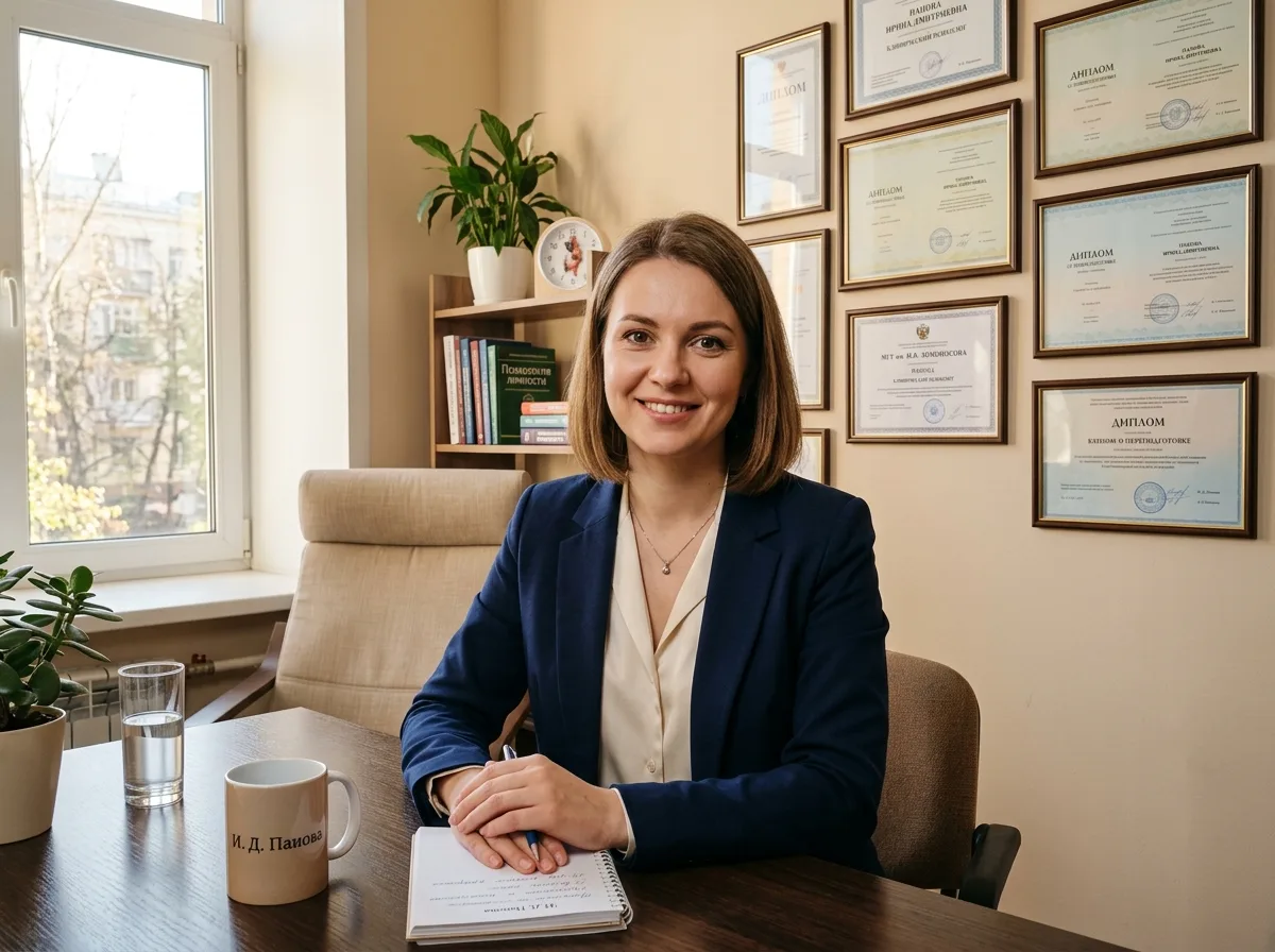 Клинический психолог Ирина Дмитриевна Панова, женщина 35 лет, деловой стиль, доброжелательный вид, кабинет с дипломами на стене